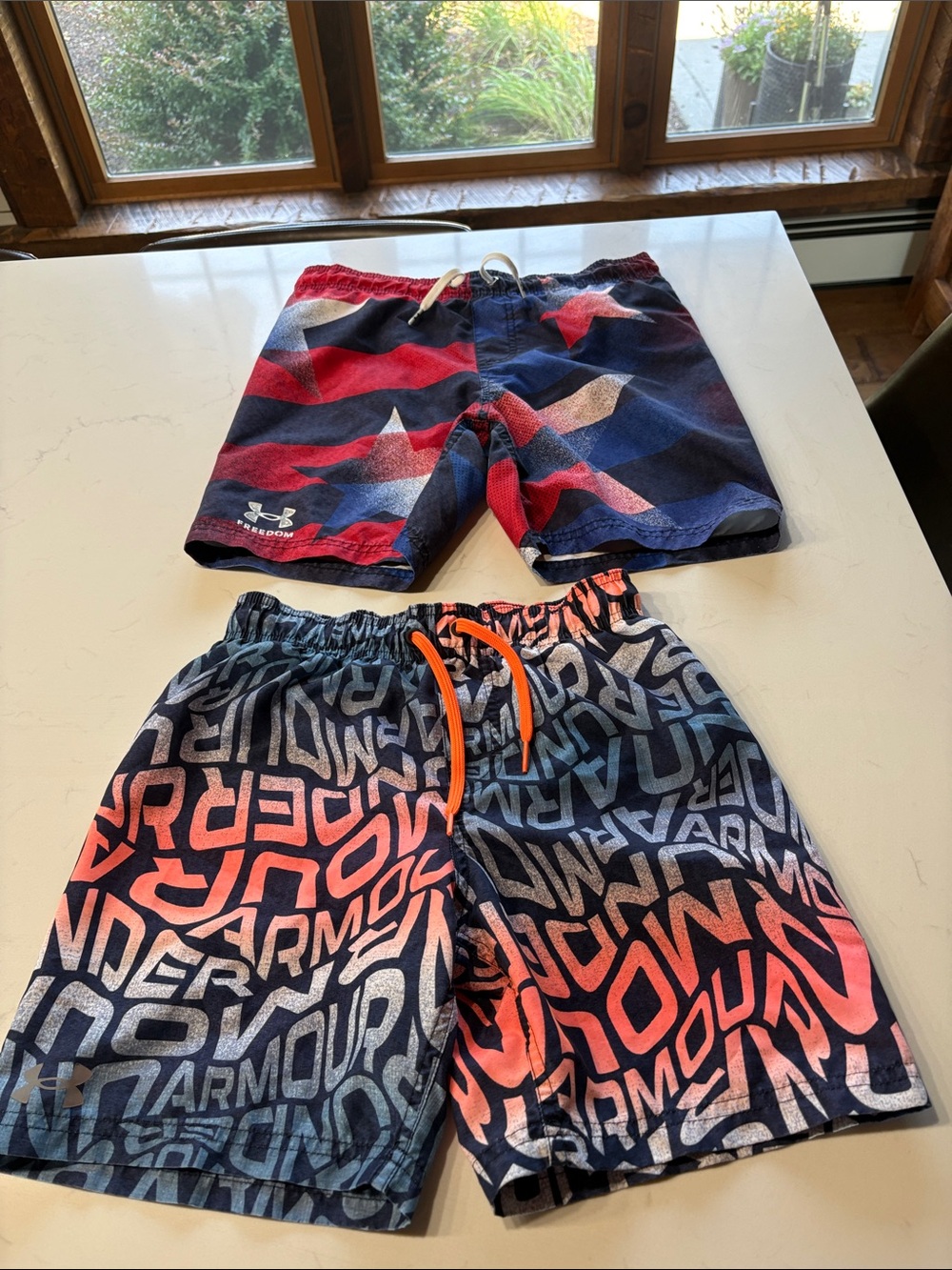 Under Armour Kids' Navy & Red Star Swim Shorts + Navy & Coral Logo Swim Trunks